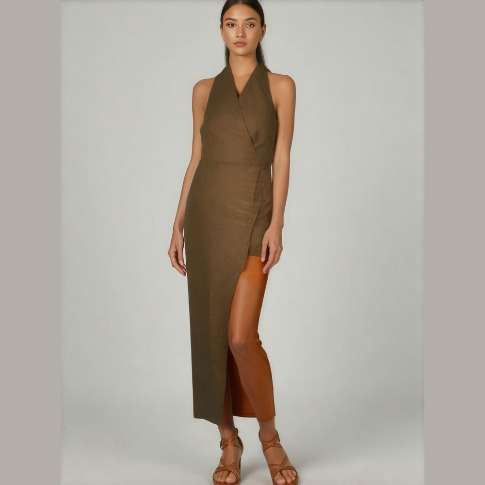 Gillian for Neiman-Marcus 14 Linen Halter Midi Shift Dress in Caramel